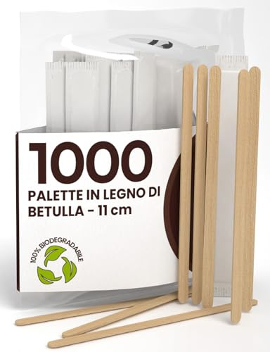 1000 Palette Lunghe per Caffè e Cappuccino Monouso in Legno di Betulla da 11cm - Imbustate Singolarmente, Biodegradabili e Compostabili, Resistenti al Calore per Mescolare Caffè e Bevande