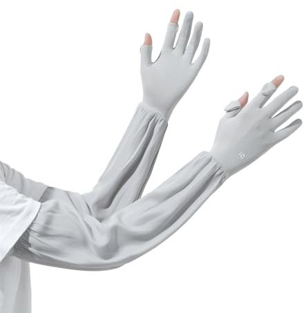 Guanti da donna con protezione solare UV, anti UV, per ciclismo, guida, guanti lunghi in seta di ghiaccio, per sport, golf, escursionismo, pesca (grigio chiaro)