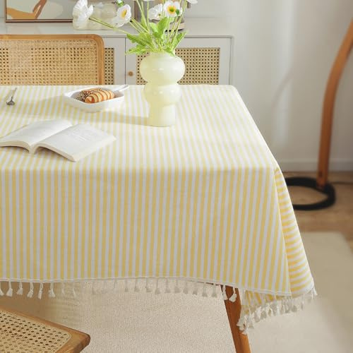 meioro Gestreifte Tischdecke Rechteckige Tischtuch mit Quasten, Abwaschbare Tischdecken Dekorative Tischwäsche für Küche, Esszimmer und Tabletop (Gelb/Weiße Streifen,120x160cm)