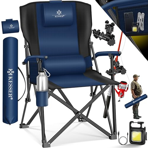 KESSER® Silla de Camping Plegable hasta 160 kg, Tapizada con Reposabrazos, Luz de Camping, Portavasos, Bolsa con Respaldo Alto, con Soporte para caña de Pescar, Azul Marino/Negro