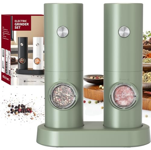CIRCLE JOY Set Macina Sale e Pepe Elettrico a Batteria Macinaspezie con Base, Luce LED Bianca e Rugosità Regolabile, Verde