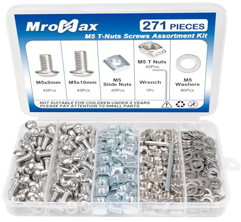 271Pcs M5 T-Nuts Screws Kit, Hammer Head T Slot Nut for 8020 2040 2020 V Slot Aluminum Extrusion Profiles, Sliding & Drop-in T-Nuts, Silver M5x8 & 10mm Stainless Steel Screws and Washers, Hex Wrench