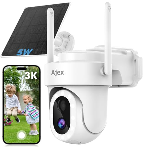 Ajex 3K/5MP Solar Security Camera Outdoor Wireless with 5w Solar Panel, 360° Solar Battery Powered, 2.4G Wifi CCTV Camera Outdoor, Color Night Vision, PIR Motion Detection, APP Alert, Work with Alexa