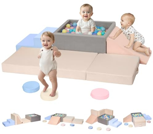CAMELUS Climbing Toys for 1 Year Old, Baby Foam Climbing Blocks with Large Ball Pit for Toddlers, 7-Piece Soft Play Set, Indoor Climber Crawl Activity Play, Birthday (Balls not Included)