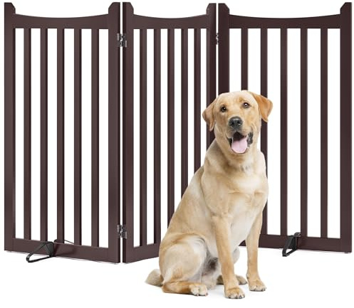 Yaheetech Freestanding Pet Gate Indoor 3-Panel Wooden Dog Gates for Small Medium Dogs, Foldable Puppy Fence with 2 Support Feet, Pets Door for Doorways/Stairs/Halls/Kitchen (Espresso,91cm H X 152cm L)