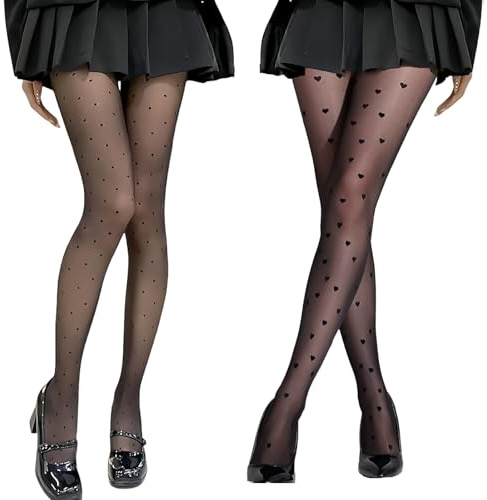 nuneoeuo 2 PCS Heart and Polka Dot Tights for Women Set, Black Sheer Tights for Women with Approximately 15 Deniers, Elastic High Waisted Thin Style for All Occasions