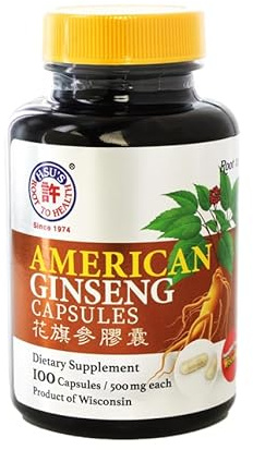 Hsu’s Ginseng SKU 1001 | American Ginseng Capsules, 100ct | Cultivated American Ginseng from Marathon County, Wisconsin USA | 许氏花旗参丸 | 500 mg 100 ct Capsules Bottle, Panax quinquefolius l., B000153QYG