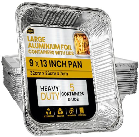 Superior Foil Containers with Lids – 9x13 Inches Sturdy Deep Foil Trays with Lid, Ideal for Cooking, Baking,Roasting, BBQ, Meal Prep Storage Tray – Large Foil Trays with Lids (5 Pack)