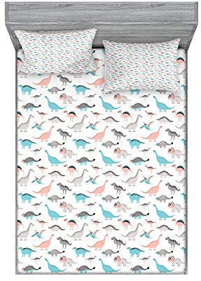 Ambesonne Dinosaur Fitted Sheet & Pillow Sham Set, Triceratops Stegasaurus Velociraptors in Kids Cartoon Style Mesozoic Era Animals, Decorative Printed 3 Piece Bedding Decor Set, Queen, Rose Blue