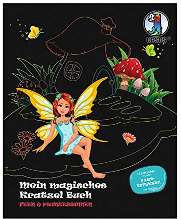 URSUS My Magic Book Fairies & Princesses Scratching Pictures Approx. 21cm x 26cm with colour effects and 12 mandalas, including wooden stick, 21 x 26 cm