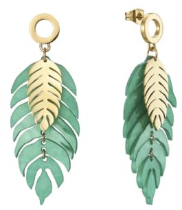 Viceroy Pendientes Chic para Mujer de Acero Inoxidable con Baño en Tono Dorado - Diseño de Hojas con Resina Verde - Joya Elegante para Regalo