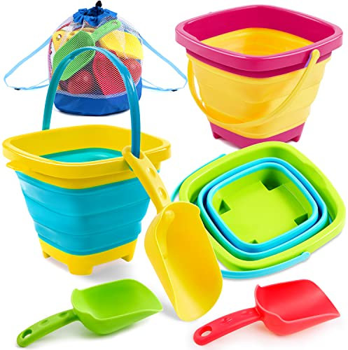 Sloosh 3 PCS Faltbare Eimer mit 3 Schaufeln Sand Eimer Wasser Eimer Sandkasten Sommer Party Faltbare Eimer Eimer Silikon zusammenklappbar Eimer Kinder Strand Spielzeug 2.4L