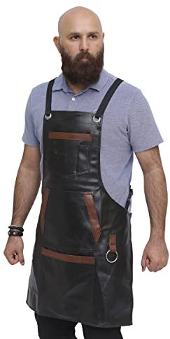 ZAMAHA UK® Professional Synthetic Leather Barber Apron with 7 Pockets, Apron for Hairdressing Bbq Kitchen Carpenter, adjustable straps with rings (Black)