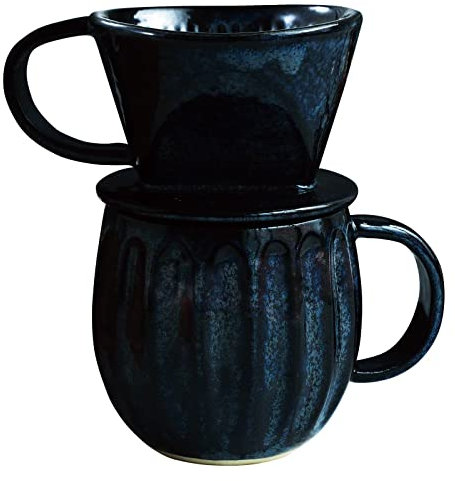 Asayu Japan Set de Cafetera de Filtro y Taza de Cerámica Minoyaki, Portafiltro de Papel para Preparación Lenta de Café, Hecho en Japón (Azul Oscuro Navy, Set 2 piezas)
