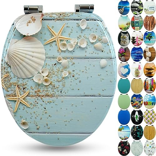 SANFINO® Premium WC Sitz mit Absenkautomatik – hochwertige Toilettendeckel aus Holz, viele bunte Motive, hoher Sitzkomfort, einfache Montage inklusive Montageanleitung – Caribbean Blue