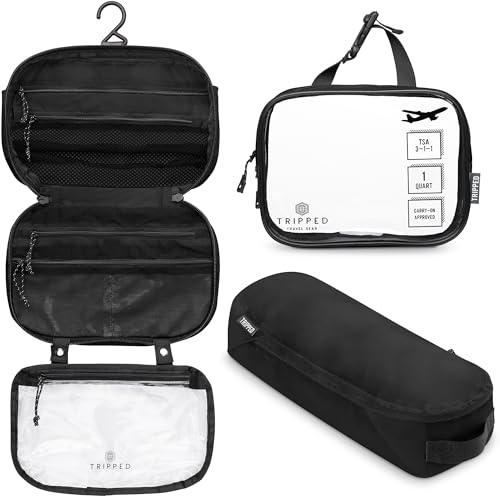 Toalettväska kit set: hängande resenecessär + 311 TSA kosmetisk vätskepåse + ultralätt tillbehörsorganiseringspåse, Svart ripstop, 3-delat toalettset | Inkluderar hängande toalettväska, 311 TSA flytande väska och tillbehörsorganiseringspåse med lätt ripstop-konstruktion