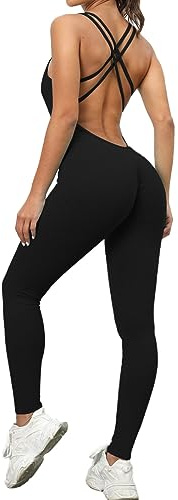 KOEMCY Mono Mujer Verano Largo Deportivo Jumpsuit Tirantes Cruzados Elegante Monos de Vestir una Pieza Ajustado Peto Bodysuit Fiesta Playa Fitness Yoga Gimnasio Entrenamiento
