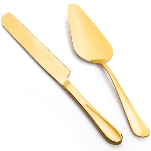 FTAKRY 2-Piece Premium Cake Cutting Set, Exquisite Knife and Server with Serrated Design, Includes Cake Knife and Pie Spatula for Pastry, Pizza and Desserts (Gold)