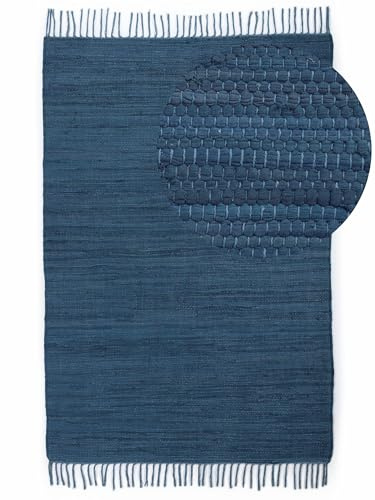 carpetfine Flickenteppich Kelim Chindi Uni Blau 70x140 cm, handgewebt | Fleckerlteppich aus Baumwolle für Wohnzimmermit Fransen