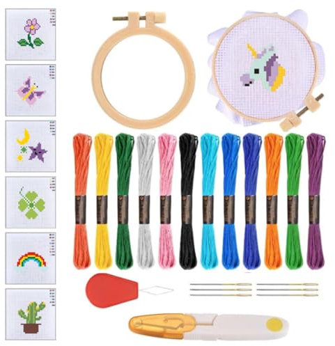 MenYiYDS 1 Set Kit di Ricamo, Kit per Bambini Principianti a Punto Croce, Include 7 schemi a Punto Croce e 2 Cerchi da Ricamo per Arte, Artigianato e Cucito Fai-da-Te