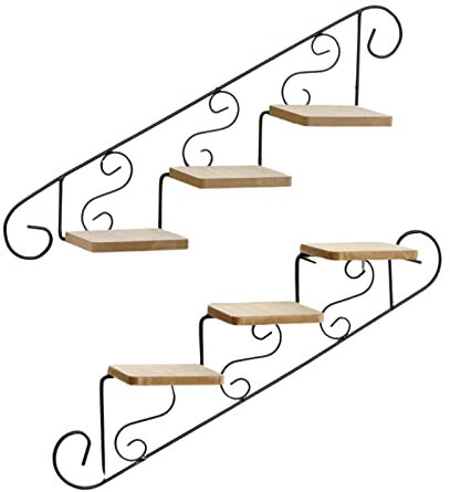 2 Pezzi Scala Retrò per Piante, Espositore per Fiori, Mensola per Piante, Arte in Ferro Retrò, Scala in Legno, da Appendere Alla Parete