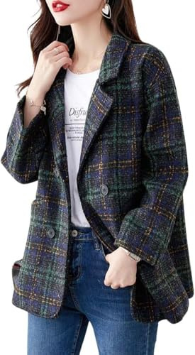 Goolecrimp Cappotto Scozzese Invernale da Donna Giacca Blazer Doppiopetto con Risvolto Elegante con Tasche Giacca Formale Giacca Blazer Divisa con Risvolto Casual (Verde Scuro,XXL)