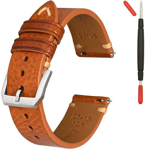 Gomvadr Quick Release Lederarmband, Öl Wachs Leder Uhrenarmbänder, Italienische Kalbsleder Uhrenarmbänder Ersatzband für Männer Frauen 16 18 19 20 21 22mm (20mm, Braun/silberne Schnalle/beige Kordel)