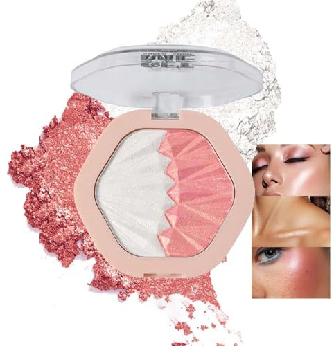 Highlighting Powder, 2 Farben Rouge Puder + Highlighter Palette, Wasserfest & Schweißfest Rouge Makeup, Hochpigmentiertes Highlighter Blush mit Ultra Schimmernden Finish, Weicher & Strahlender Effekt