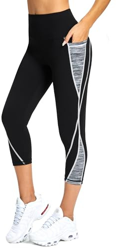 Flatik Pantalon de sport 3/4 pour femme, leggings opaque pour femme, leggings de sport pour femme 3/4, pantalon de fitness pour femme, leggings de course pour femme, Gris et blanc., XL