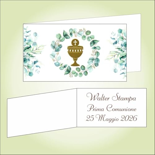 Bigliettino bomboniera bigliettini confetti per Prima Comunione per bambino, 9 x 2,5 cm, 40 pezzi o più, personalizzabile con vostro testo, con foglie di eucalipto in acquamarina e dorato