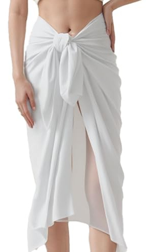 Vxcvzv 1PC White Chiffon Beach Wrap Sarong for Women Long Draped Covers Up Skirt with Irregular Hem Cover for Summer Beach