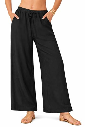 Nuofengkudu Fluido Pantalones Anchos Mujer Verano Elegante Palazzo Sólido Cintura Elastica Cordón Ajustable 3 Bolsillos Pull on Ligero Boho Yoga Pantalon Frescos Comodos Playa Casual Negro L