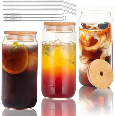 Juego de 3 vasos de cristal con tapa y pajita, 550 ml, con tapa de bambú, pajita y cepillo, de vidrio de borosilicato, para café helado, cócteles y whisky