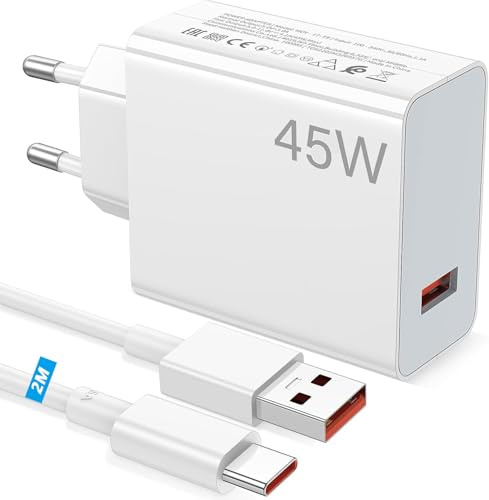 45W USB Charger with 6A Type C Charging Cable, 2m for Xiaomi Redmi | Note 14Pro 5G 13 12 11Pro, Fast Charger, USB Power Supply, Mobile Phone Charger for Xiaomi 14T Pro Poco X7 M7Pro M6 Pad 7