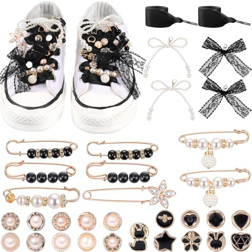 Simlakey Shoe Charms for Sneakers Shoelace Contain Bows Clips Pins Jewelry DIY Decor Charms for Women Shoes Bag Hat Jewelry(32 Pcs,Black Lace)