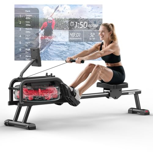 Neezee Máquina de remo para el hogar, remo de agua con monitor LCD profesional y soporte para tableta, máquina de remo de agua con aplicación Kinomap Experiencia de remo inmersivo, máx. 160 kg de