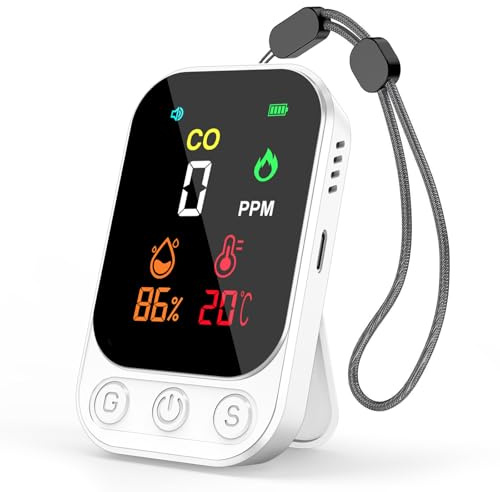 RealPlus Détecteur de Monoxyde de Carbone 3-en-1 - Détecteur CO, Température et Humidité avec Alarme de 85 DB, Portable, Rechargeable, Support et Trou de Fixation pour Maison, Voyage et Bureau