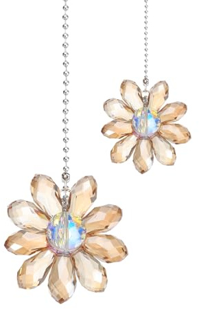 sourcing map 2Pack Ceiling Fan Pull Chain, 24 Inch Decorative Ornaments Crystal Flower Pendant Pull Chain Extender for Ceiling Fans Light Lamp, Champagne