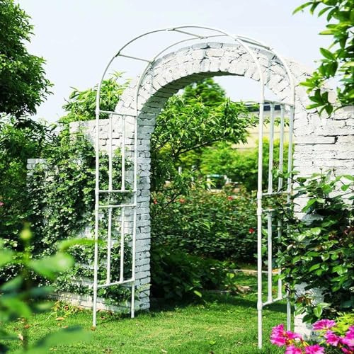 Arco de jardín de metal resistente, enrejado decorativo para escalada de rosas y vides, pabellón para decoración de patio, tamaño M (largo 280 x alto 240 x ancho 40 cm, color: blanco)