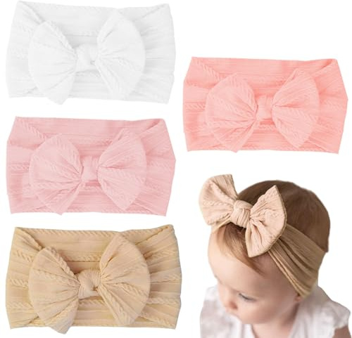 4 Pezzi Fasce Bambina Neonata, Fiocchi Fascia Capelli Bambina in Nylon Elasticizzato, Fascia Capelli Neonata per Neonati Bambini Bambine, Adatto per 0-3 anni