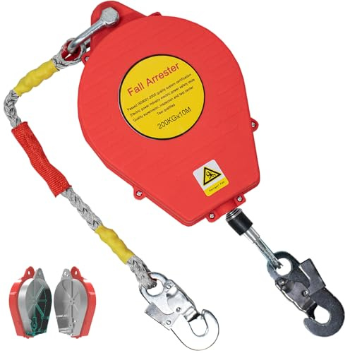 Aocay Arnes Linea de Vida Tejado 200kg, Dispositivo Anticaida Retractil Homologado 10m, Rojo Arnes Seguridad Anticaidas Retractil Trabajo Tejados/ Altura con Gancho Autoblocante(Rojo - 1 pieza,10m)