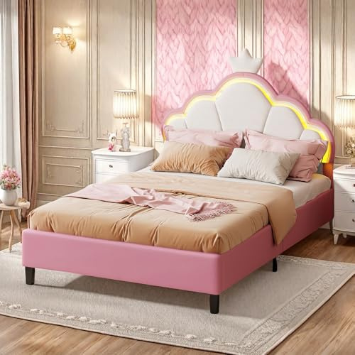 OLIVIBED 3TF Upholstered Bed, Modern Girls Bed with Adjustable Crown Shape Headboard, Single Bed Frame for Children, Sturdy Metal & Wood Slats, Flannel, Pink and White, 90x190cm, No Mattress