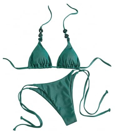 SHENHE Women's Sexy String Thong Bikini Set Triangle Halter Tie Brazilian Swimsuits 2 Piece Green Small