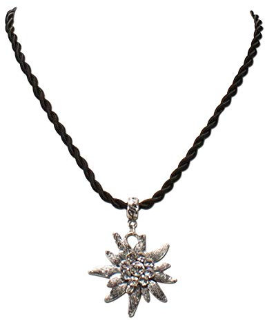 Trachtenkette Kordel mit Strass-Edelweiß - Damen Kordelkette mit Kristallstein, Dirndlkette mit Kordelband für Trachtenbluse und Lederhose, Dirndl-Schmuck fürs Oktoberfest (schwarz)