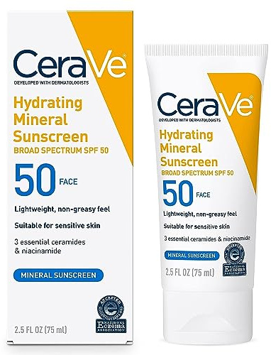 CeraVe 100% Mineral Sunscreen SPF 50, Face sunscreen With Zinc Oxide & Titanium Dioxide, Hyaluronic Acid + Niacinamide + Ceramides, Oil Free, Travel Size 2.5 oz