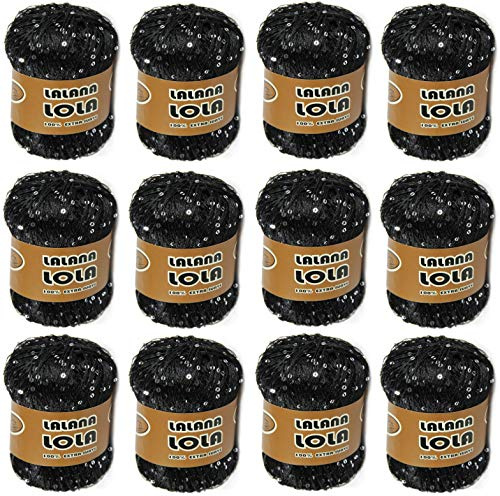 Hilo de LENTEJUELAS BRILLANTES ovillo para mezclar con lana para Tejer Crochet Ganchillo o Punto Torrijo LOLA 25g, | 12 Unidades, Color 2334 NEGRO-PLATA