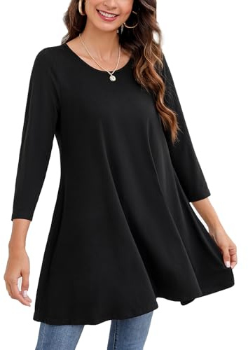 Noir T-Shirt à col Rond pour Femme Swing Tunique Top 3/4 Manches Loose Longues Blouse Longline Casual Élégant Chic XL