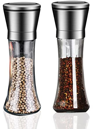 Salt and Pepper Mill Set of 2, Refillable Salt and Pepper Grinders with Adjustable Non-Corrosive Ceramic Grinder and 304 Stainless Steel, Glass Body