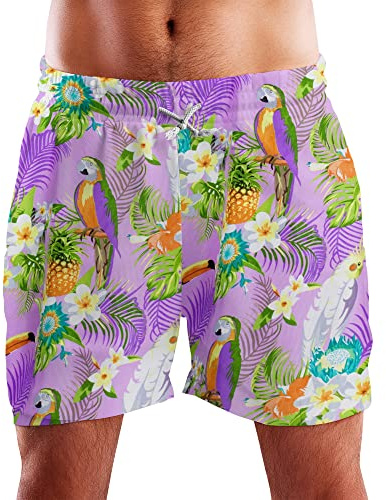King Kameha Funky Hawaiian Board Shorts Trunks Badbyxor Män med nätfoder Dragsko Stängning Ledig Ljus Tropisk Blommig Design, Shorts papegoja kakadua ljuslila, 3XL