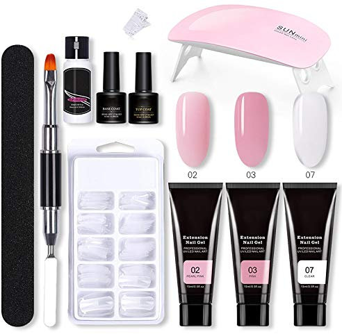 Ricostruzione Unghie Gel Kit con Lampada UV e 3 Colori 15ml + Base e Top Coat + 100 Unghie Finte